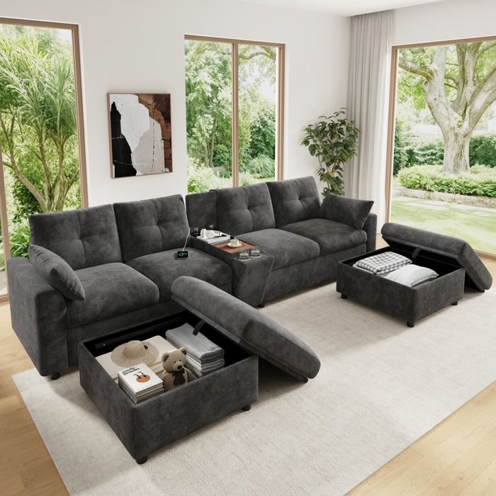 Canapé dangle Modulable 6 Places en U ou L avec Console Centrale USB et Type-C Rangements en Chenille Grise