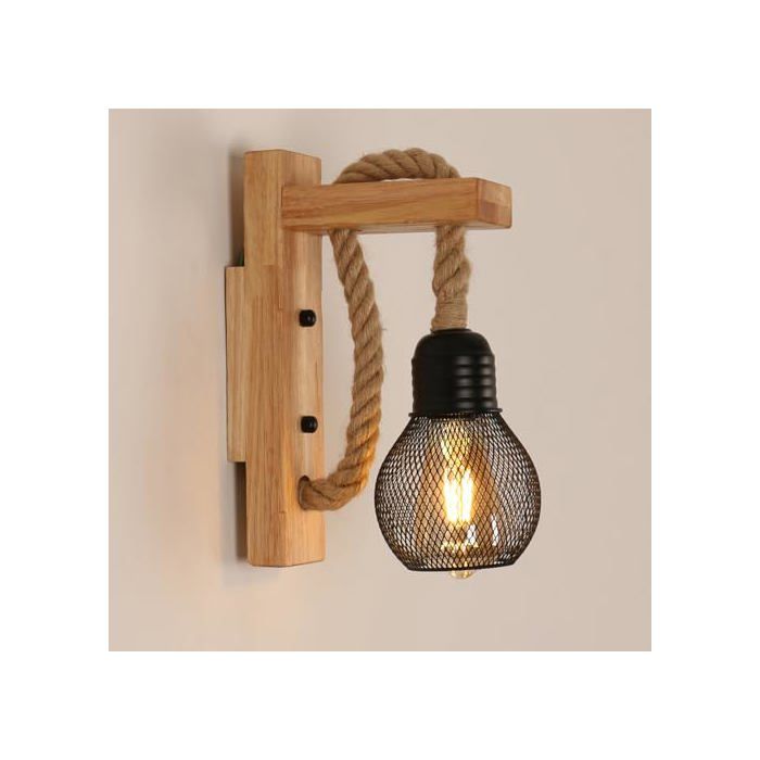 Applique Murale Rustique Bois Lampe Murale Vintage Rétro Abat-Jour en Cage en Métal Noir E27