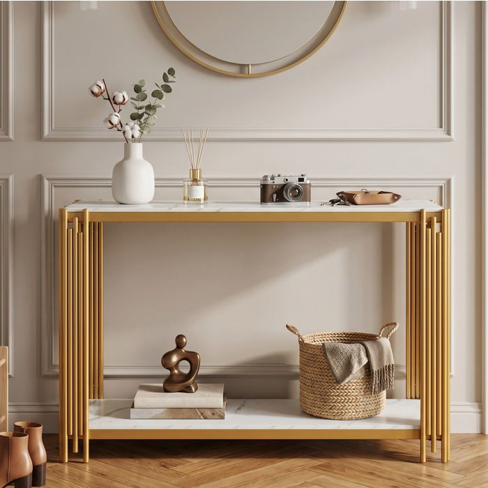 ROVRYN Table console 2 étagères MDF aspect marbre blanc métal doré 123 5 x 33 5 x 80 cm