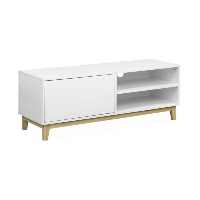 meuble tv scandinave blanc - floki - 1 tiroir, pieds en bois de sapin, 120x40x45cm