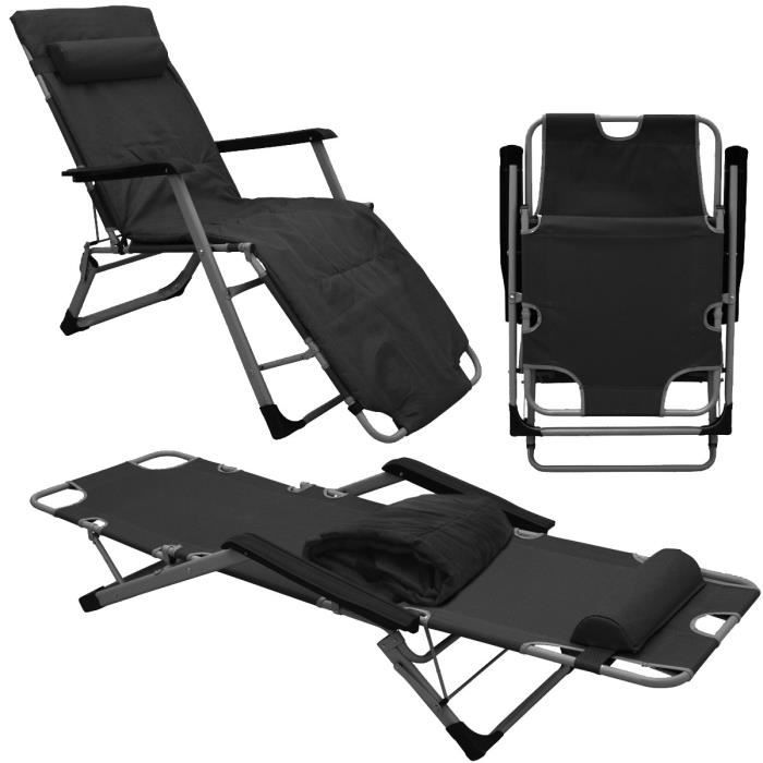 chaise longue avec housse et oreiller 178 cm fauteuil de jardin siège noir