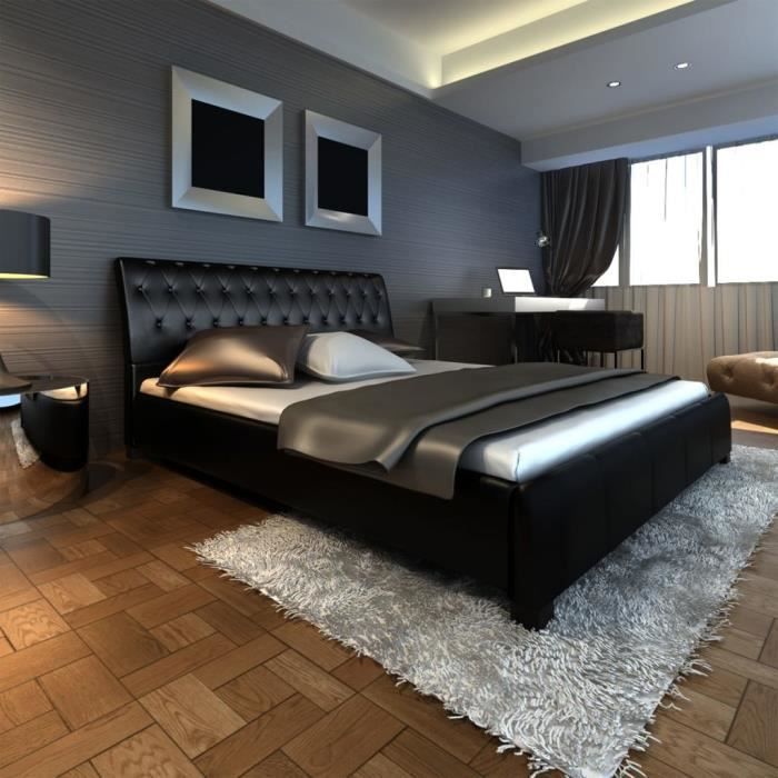 FOREVEN Lit plateforme 180cm en faux cuir noir + matelas à mémoire +surmatelas