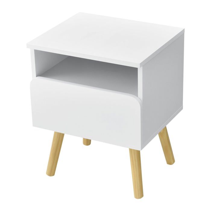 Table de nuit design avec tiroir et meuble de rangement pieds 50 cm blanc pin Table de nuit design avec tiroir et meuble de rangement pieds 50 cm blanc pin