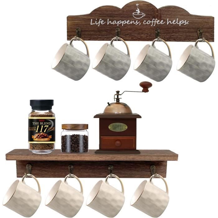 Porte-Tasses En Forme D'Arbre - Support Métal Et Bois Avec 4 Crochets - Rangement Suspendu Pour Cuisine, Bar, Bureau