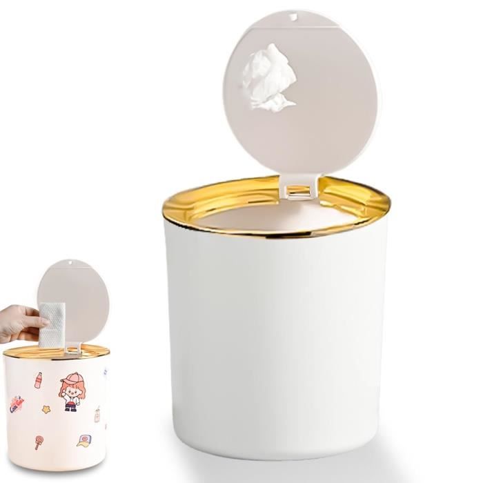 Mini Poubelle De Table Avec Couvercle - Petit Format, Plastique, Pour Bureau, Coiffeuse, Chambre (Blanc)