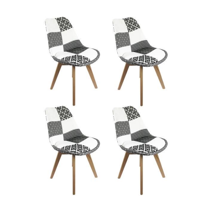 lot de 4 chaises patchwork noir et blanc - design graphik chic - pieds bois hêtre massif - lidy