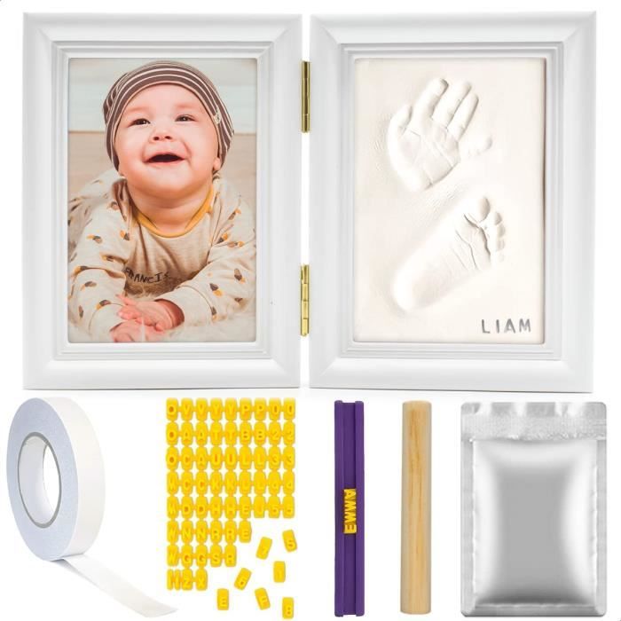 Cadre Empreintes Bébé 3 En 1 – Kit Photo Mains & Pieds Avec Argile Sûre – Souvenir Naissance & Baptême (35x15,5 Cm Ou 46,5x20,5 Cm)