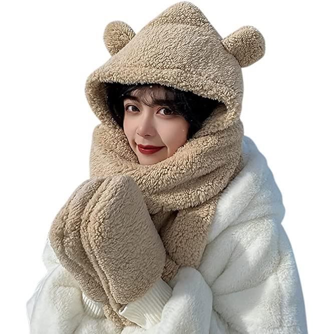 Écharpe à capuche en peluche avec poche, ensemble de gants, écharpe d'hiver,  bonnet, oreille de