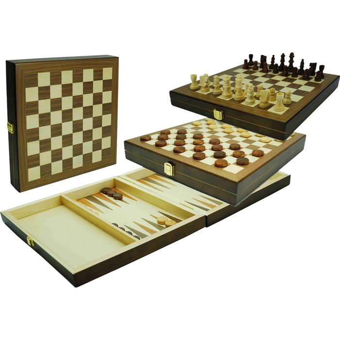 Coffret 3 Jeux En Bois Échecs Dames Backgammon 29x29cm Hot