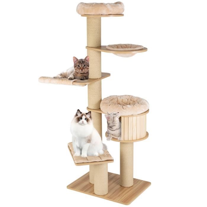 Comparer les prix de Costway Arbre À Chat En Bois 191cm Avec Hamac, Panier, Perchoir Et Niche, Tour À Chat Avec Coussin Amovible Et Poteaux À Gratter