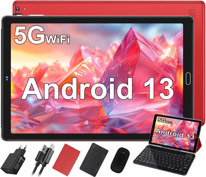 GOODTEL Tablette tactile 10 Pouces, 4Go+ 64Go stockage, Android 11, WIFI, TYPE-C,USB, 8 coeur, 8000mAh batterie, 8 accessoires-Rouge