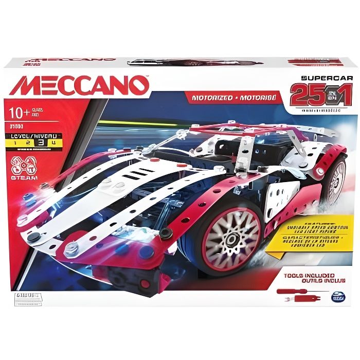 Meccano - Coffret Supercar motorise 347 pcs Metal - 25 modeles Voiture, Vehicule - Moteur 6V et outils inclus - 10 ans et +