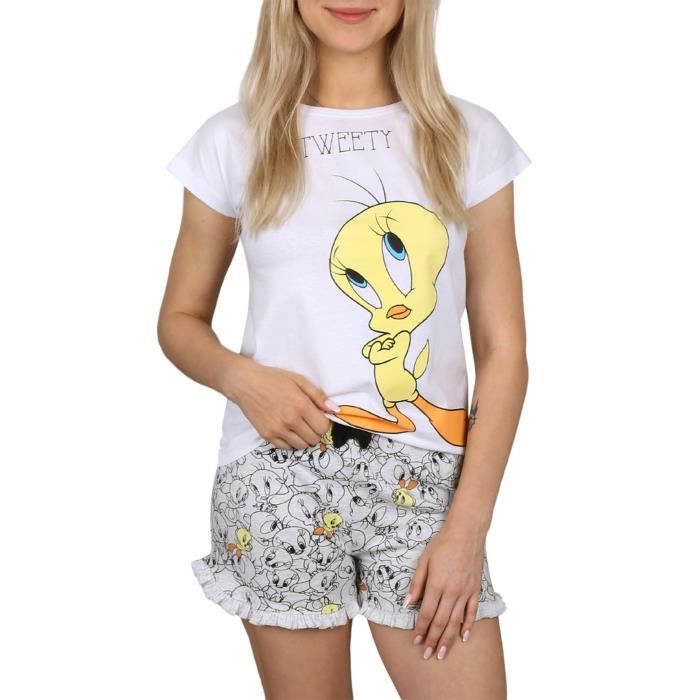 Pyjama d ete fille Crazy Melodies Tweety Titi blanc et gris blanc gris Cdiscount Pret a Porter