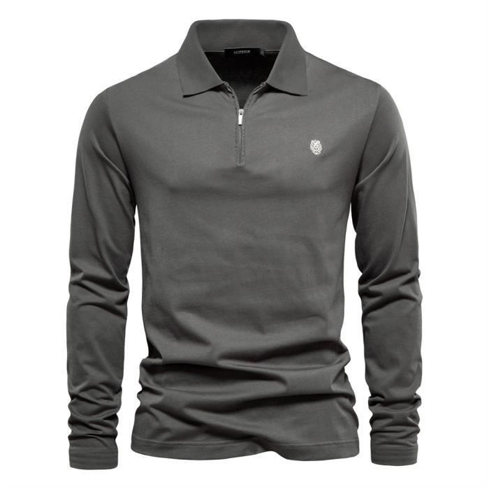 Polo Homme,Polo Homme Manches Longues en Coton à Zippée,Polos Homme de Golf pour L'automne Hiver Couleur Unie-Gris Foncé