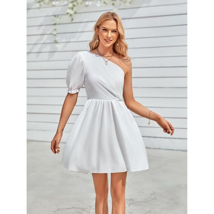 Robe Femme Cintre à la taille personnalisé à épaule unique et de couleur unie Blanc Blanc