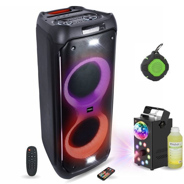 Ibiza - Pack Karaoké Enceinte Bluetooth USB AUX SD TWS sur Batterie 600W - 2 Micros sans Fil UHF Boum Enfant Cadeau Anniversaire Fête