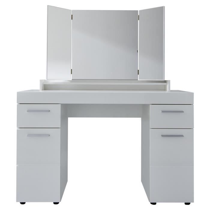 coiffeuse, meuble de bureau avec miroir coloris blanc mat, blanc brillant - longueur 120 x hauteur 141 x profondeur 41 cm