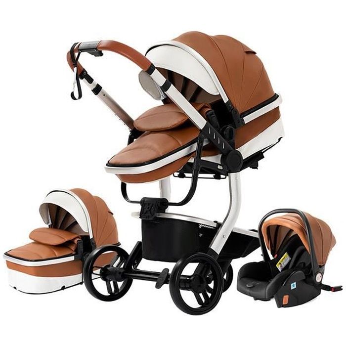 Poussette 3 en 1 Bébé Combinée Siège-Auto Nacelle Trio Réversible cuir pu Roues increvables Canne khaki bazarland30