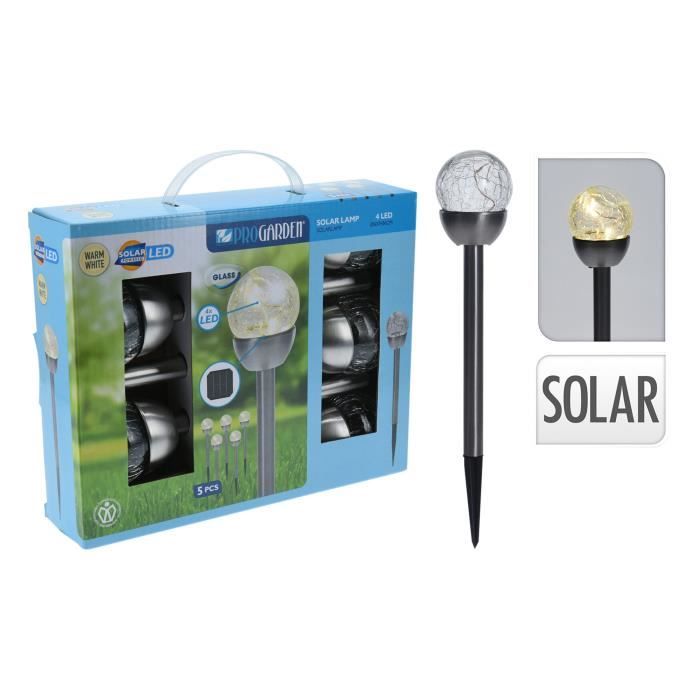 Lampe Solaire - ProGarden - Boule Inox - 5 pièces - 4 LED blanc chaud - Installation facile