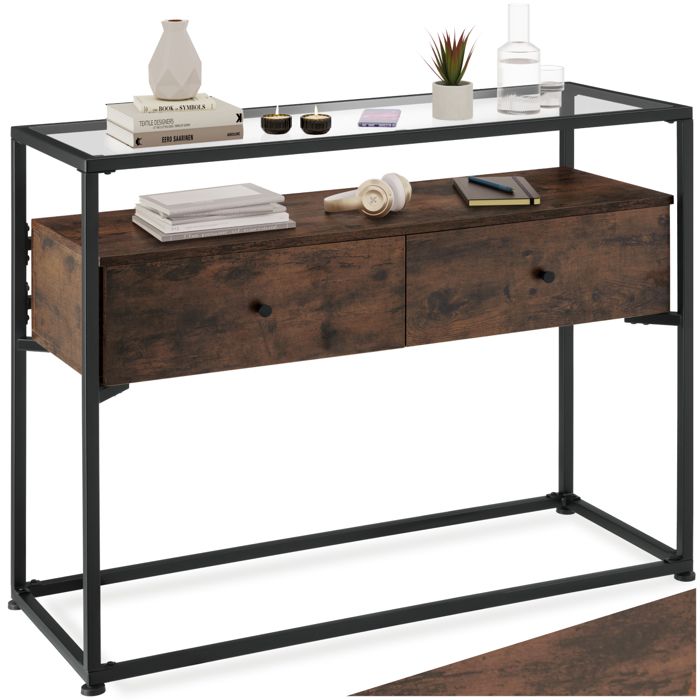 Table console - TECTAKE - Console READING au style industriel en bois et acier avec 2 tiroirs 1015 x 415 x 805 cm - Bois foncé