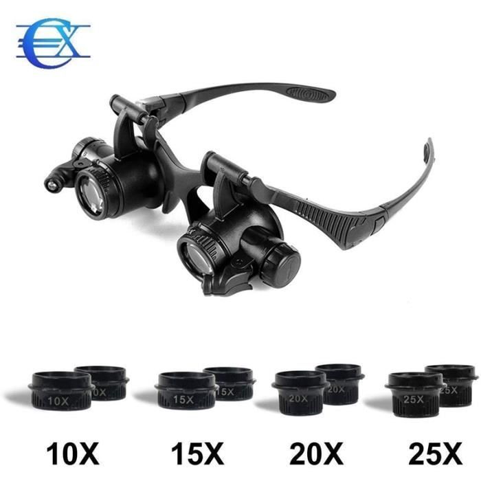 Loupe Lunette Serre Tête avec avec 4 lentilles détachables (10x,15 x, 20 x, 25 x), Pour Travail Lecture Réparation de Horloger Montr