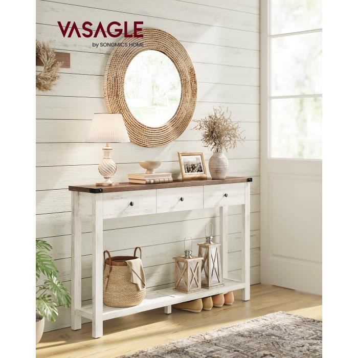 Table Console avec 3 Tiroirs et Étagère de Rangement pour Entrée Salon Style Campagnard Marron Miel et Blanc Rustique