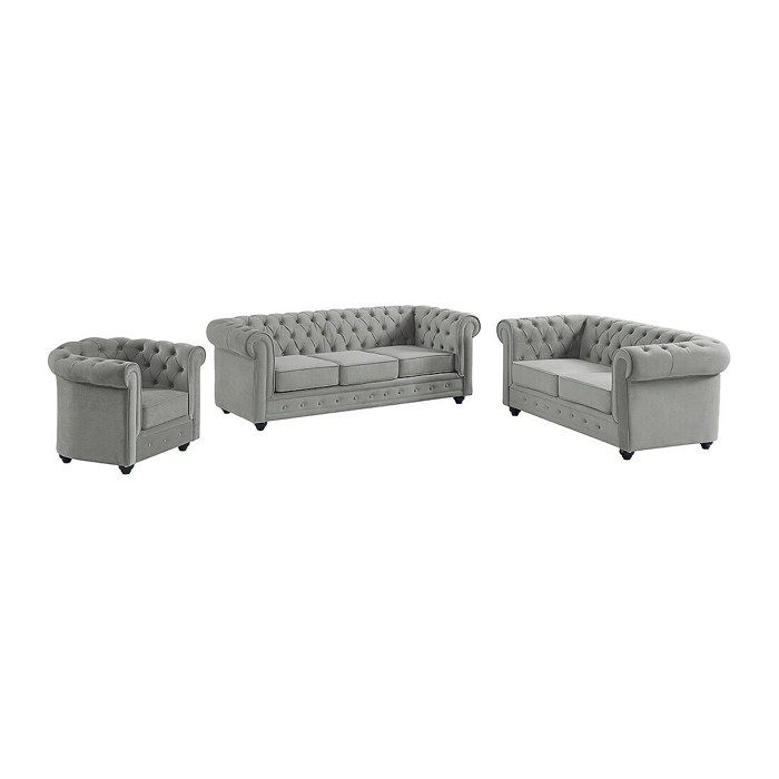 Canapés 3 places 2 places et un fauteuil CHESTERFIELD - Velours gris clair