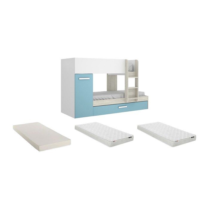 Lits Superposés ANTHONY avec rangements 3 x 90 x 190 cm - Blanc et bleu + Matelas