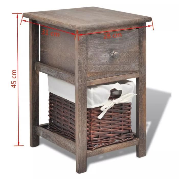 table de chevet en bois marron - swt - dimensions 28x31x45 cm - avec tiroir et panier en osier