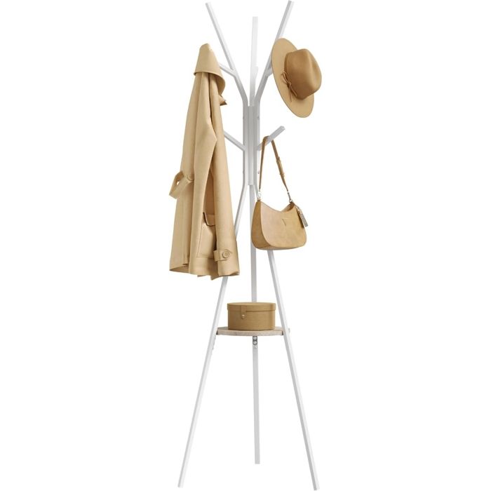 WOLTU Portemanteau sur Pieds en Forme d’Arbre Portant à Vêtements avec 9 Crochets et 1 Étagère en Métal et Bois MDF Blanc et Chêne