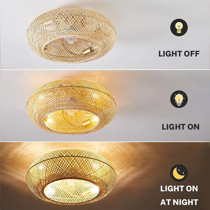 Ventilateur De Plafond Bohème Rotin & Bambou Avec Lumière E27 – Télécommande, 6 Vitesses, Réversible, Silencieux, Style Vintage Chic Pour Salon, Chambre, Patio