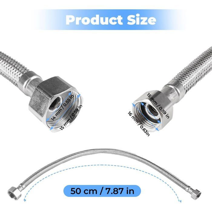 Tuyau Flexible Atco 3/8 FE X 3/8 FI - Raccordement Sanitaire Acier Inoxydable EPDM DN8 - Longueurs Au Choix - Pression 10 Bars