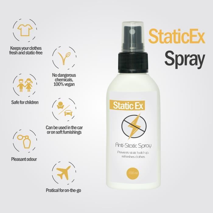 STATICEX Spray Antistatique - 100ml - Flacon Spray Anti Statique pour  Vêtements, Textile, Voiture - Produit Antistatique Naturel - Alternative à  la