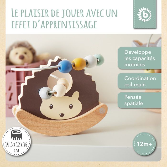 Cube De Motricité BIECO – Perles En Bois Cerf Hérisson – Jouet Dès 12 Mois – 10x10x12 Cm
