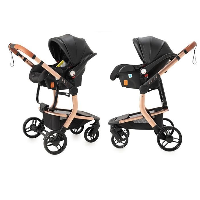 Poussette Bebe Trio Combinee Landreau Reversible Grand Luxe en Cuir PU Hyper Confort Cadre Haut Alu Robuste et Leger Design Marron