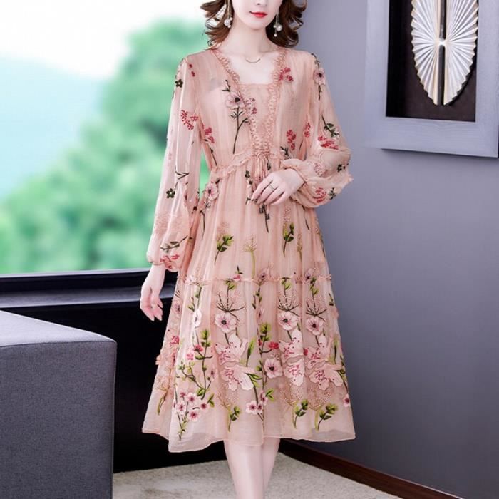 Femmes rose broderie florale manches longues Robe mi longue