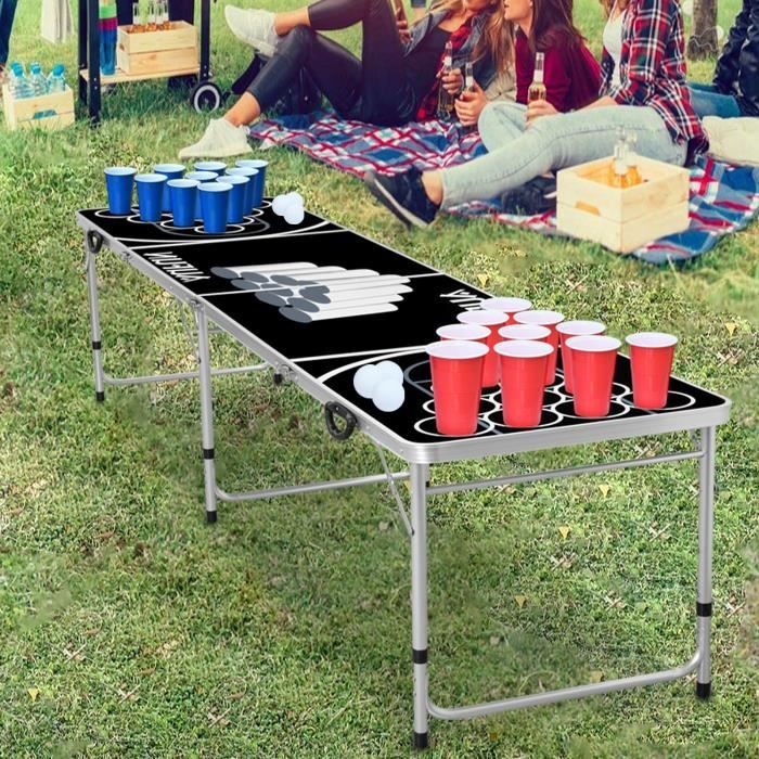 LARS360 Beer Pong Table pliable à hauteur réglable avec 5 balles et 100 gobelets (50 rouges et 50 bleu) Jeu à boire classique Noir