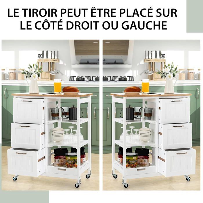 Desserte Roulante COSTWAY - Plateau Bois Hévéa - 3 Tiroirs + 3 Étagères - Roues Verrouillables - Blanc 67x83cm