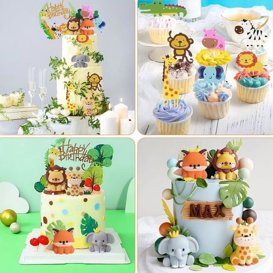 Décoration Gâteau Animaux Forêt - 5 Figurines + Bannière Happy Birthday - Thème Jungle Anniversaire Garçon
