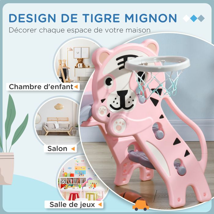 AIYAPLAY – Toboggan 3-en-1 Avec Panier De Basket – Thème Tigre Rose – Dès 18 Mois – 25 Kg