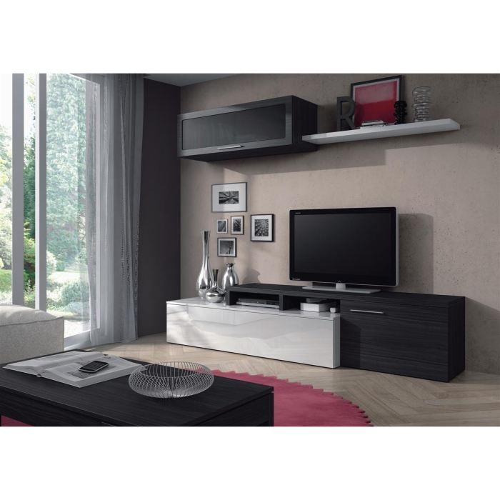 NEXUS Ensemble salon contemporain mélaminé blanc brillant et gris cendré - L 200 cm