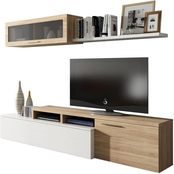 nexus meuble tv contemporain blanc brillant et décor chêne canadien - l 200 cm