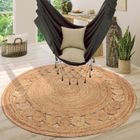 Paco Home Tapis De Salon Rond Poils Ras Fait Main Motif Découpé Monochrome Bordure Beige 100 cm rond