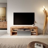 Meuble TV / Banc TV - BIANKO - 140 cm - chêne lancaster / gris brillant - avec LED - style moderne - tablettes en verre