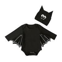 0-24 Mois Bébé Body Chauve-souris Noir avec Bonnet Emoji Barboteuse Combinaison Courte Manches Longues Costume Toussaint Halloween