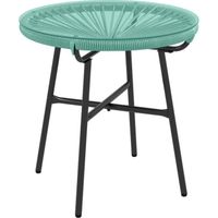 Table basse ronde de jardin en résine aspect rotin métal et plateau verre trempé Ø 50 x 50H cm vert turquoise