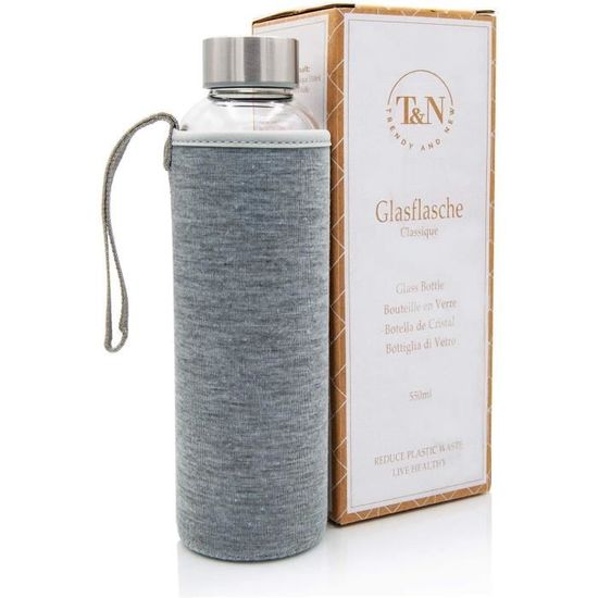 Gourde En Verre 1 Litre Avec Housse Néoprène Grise - Pour Boissons Chaudes Et Froides - Marque Axentia