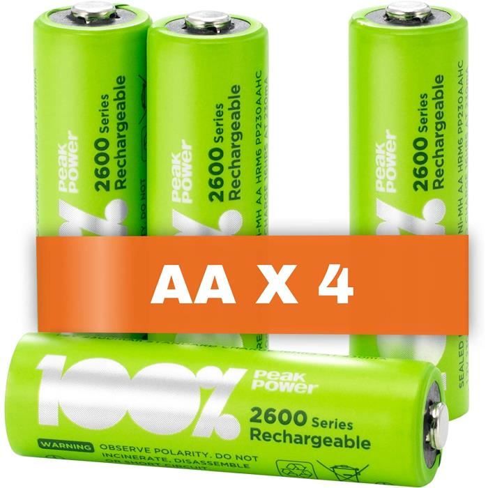 Piles Rechargeables AA - Lot de 4 piles -100% PeakPower - Préchargées Haute Capacité Batterie NiMH 1.2V LR06