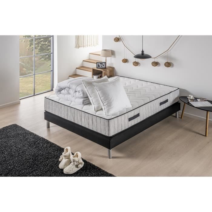 Pack prêt à dormir Matelas + Sommier 140x190 cm + Couette + 2 Oreillers - 7 zones de confort - DEKO 