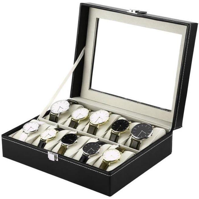 Boîte à Montres, Boite de Rangement, Présentoir Montres, Coffret à Montres, Écrin - 10 Coussins - noir